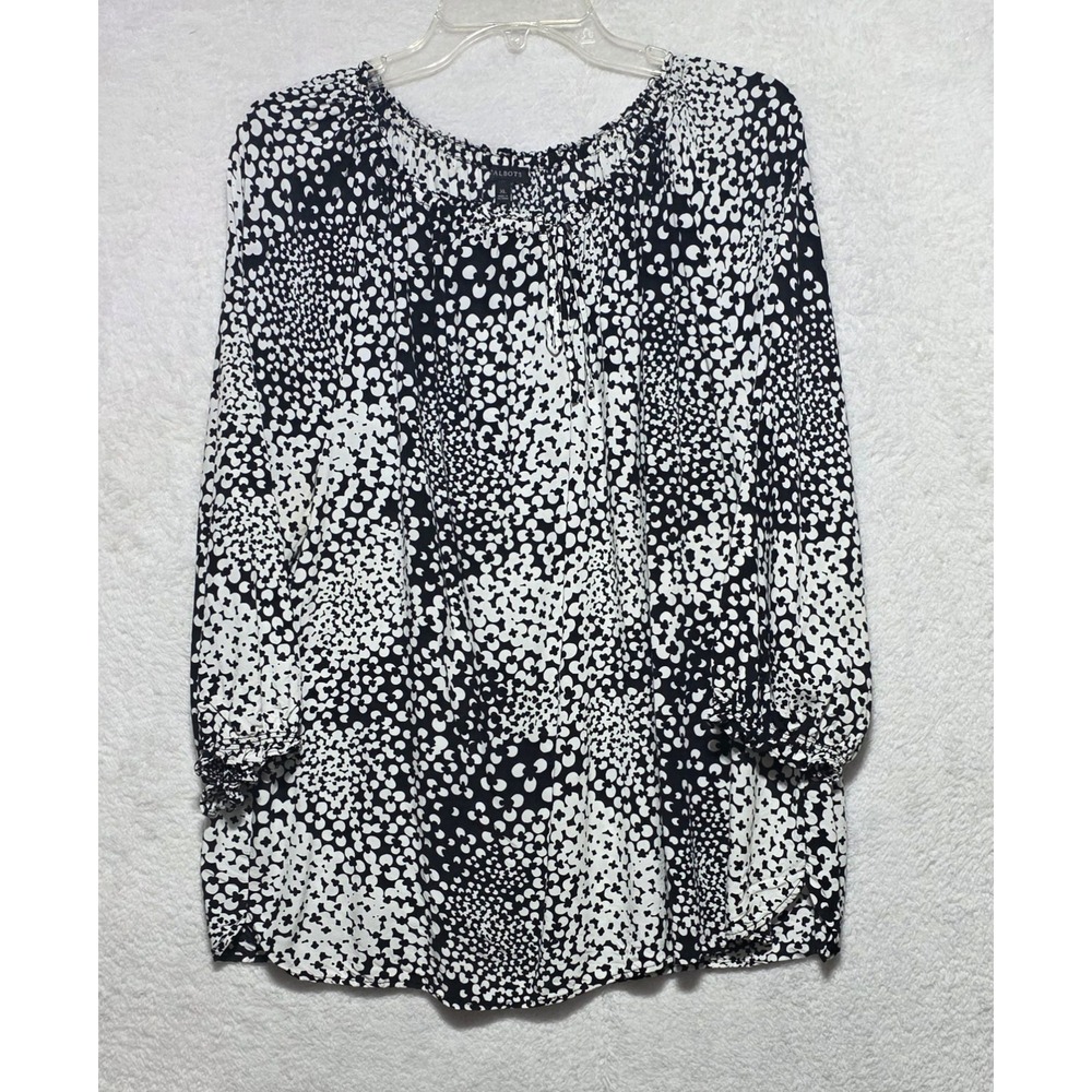 Talbots XL Black White Abstract Floral Peasant Blouse Tie Neck Rayon Top